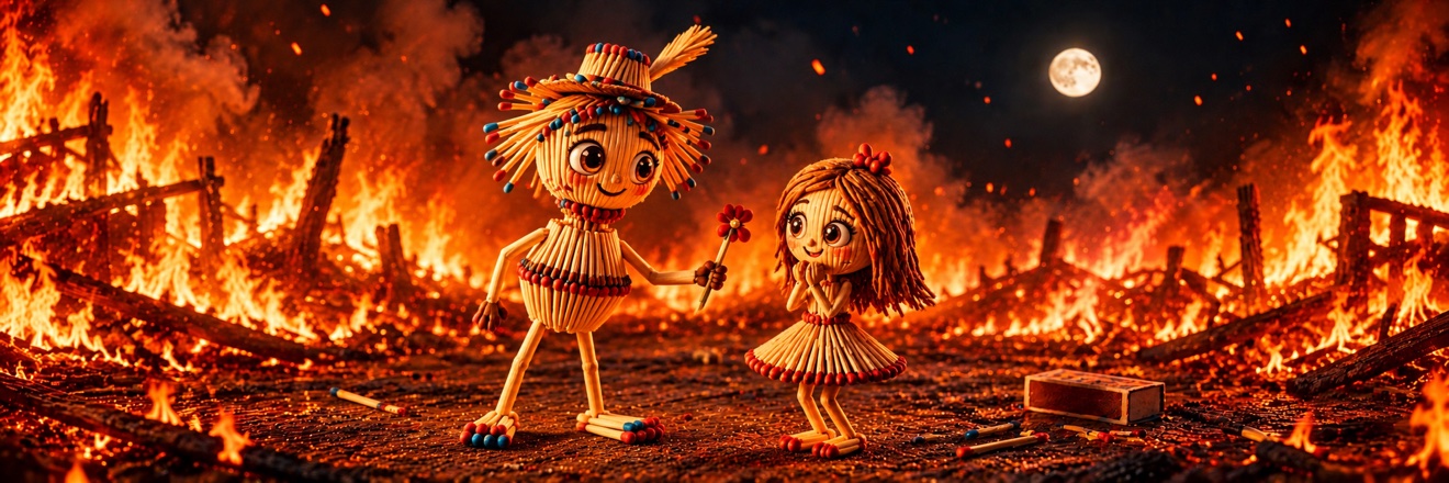 Matchie and his love sharing a flower, with burning fire surrounding them